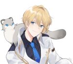  1boy animal_on_shoulder black_shirt blonde_hair blue_eyes blue_neckwear closed_mouth eyebrows_visible_through_hair ferret hair_between_eyes hiyamaru holostars jacket kishido_temma long_sleeves looking_at_viewer male_focus necktie on_shoulder pet riri_zuran shirt short_hair signature simple_background smile virtual_youtuber white_background white_jacket 