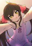  1girl :q black_hair flat_chest from_below fuu_(koneko_no_yomeiri) hair_ribbon heart heart_necklace idolmaster idolmaster_cinderella_girls jewelry long_hair looking_at_viewer matoba_risa necklace nightgown pink_nightgown ribbon smile solo tongue tongue_out twintails yellow_eyes 