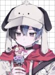  1boy animal_ear_headwear aoyagi_touya bag bishounen black_bag black_collar black_hair blue_hair closed_mouth collar commentary dark_blue_hair expressionless grey_eyes hiro_0607 holding_ice_cream_cone hood hoodie ice_cream_cone male_focus mole mole_under_eye multicolored_clothes multicolored_hair multicolored_hoodie pochacco project_sekai red_hoodie sanrio short_hair solo split-color_hair symbol-only_commentary tile_background two-tone_hair upper_body white_background white_hoodie 