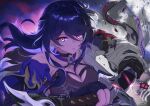  1girl absurdres acheron_(honkai:_star_rail) black_gloves breasts cleavage drawing_sword gloves hair_over_one_eye highres holding holding_sword holding_weapon honkai:_star_rail honkai_(series) incoming_attack katana long_hair looking_at_viewer purple_eyes purple_hair redfield09 solo sword very_long_hair weapon 