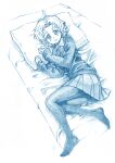  1girl bangs bbb_(friskuser) bed blue_theme braid dress_shirt from_above girls_und_panzer highres long_sleeves looking_at_viewer lying miniskirt monochrome necktie no_shoes on_bed on_side orange_pekoe_(girls_und_panzer) pantyhose parted_bangs parted_lips pillow pleated_skirt school_uniform shirt short_hair skirt solo st._gloriana&#039;s_school_uniform sweater tied_hair twin_braids v-neck wing_collar 