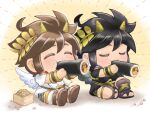  2boys ahoge angel angel_wings black_hair brown_hair chibi closed_eyes dark_pit eating ehoumaki fake_horns food highres holding holding_food horns kid_icarus kid_icarus_uprising laurel_crown makizushi male_focus multiple_boys pit_(kid_icarus) setsubun siblings suruga_kanade sushi twins wings 