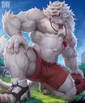 2024 abs absurd_res anthro arm_support arm_tuft ball beard biceps blue_eyes body_hair bottomwear claws clothed clothing crouching elbow_tuft facial_hair fangs felid finger_claws footwear fur grass hair happy_trail heterochromia hi_res league_of_legends low-angle_view male mammal mane mane_hair muscular muscular_anthro muscular_male nipples open_mouth outside pantherine pecs physen plant quads red_eyes rengar_(lol) riot_games sharp_teeth shorts sky soccer_ball solo teeth toe_claws toeless_footwear tongue topless triceps tuft vein veiny_muscles whistle whistle_around_neck white_body white_fur