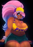  1girl black_background blue_eyes blue_hair breasts cleavage clothes_writing commentary commission crop_top dark-skinned_female dark_skin english_commentary highres large_breasts ming-ming multicolored_hair original pink_hair plump shorts smile solo sports_bra sweatband thick_thighs thighs tovio_rogers two-tone_hair 