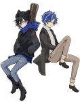  2boys alternate_costume aqua_eyes astel_leda black_coat black_footwear black_hair black_headwear blonde_hair blue_hair blue_scarf boots coat english_commentary guitar_case hat holostars instrument_case invisible_chair kanade_izuru male_focus messy_hair multicolored_hair multiple_boys pants purple_eyes riri_zuran scarf shirt shoes short_hair simple_background sitting sweater turtleneck turtleneck_sweater virtual_youtuber white_background 