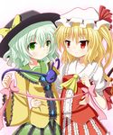  ascot blonde_hair bow eyeball flandre_scarlet green_eyes green_hair hat komeiji_koishi multiple_girls red_eyes ribbon shared_ribbon side_ponytail skirt smile third_eye touhou wrist_ribbon yoshitani_(aminosan) 