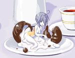  ahoge bob_cut branzent breasts cadbury candy chocolate coffee commentary cup dripping easter egg egg_yolk english_commentary food goo_girl grey_eyes grey_hair hair_over_one_eye in_food indoors looking_at_viewer mahou_sensei_negima! medium_breasts messy minigirl miyazaki_nodoka monster_girl monsterification nude on_plate open_mouth plate saucer short_hair sitting solo table tea teacup white_skin 