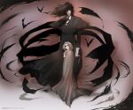  1boy 1girl aged_down alucard_(hellsing) artist_name bat_(animal) black_capelet black_coat brown_cloak capelet cloak coat height_difference hellsing hood hooded_cloak integra_hellsing long_hair sepia size_difference smile toshimichi_yukari web_address 