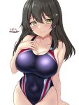  1girl black_hair blush breasts cleavage collarbone competition_swimsuit covered_navel dated hair_ornament hairclip highres kantai_collection large_breasts long_hair montemasa one-piece_swimsuit oyashio_(kancolle) purple_one-piece_swimsuit signature simple_background solo swimsuit twitter_username two-tone_swimsuit white_background 