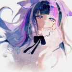  1girl absurdres animal_ears azhiichigo black_ribbon blunt_bangs blush chinese_commentary commentary_request dress fern_(sousou_no_frieren) highres kemonomimi_mode long_hair neck_ribbon painting_(medium) parted_lips purple_eyes purple_hair ribbon simple_background solo sousou_no_frieren traditional_media watercolor_(medium) white_background white_dress 