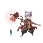  1boy animal_ear_fluff animal_ears barefoot belt brown_belt brown_capelet brown_pants brown_shirt capelet cat_boy cat_ears cat_tail closed_mouth frown full_body furry furry_male gold_trim grey_eyes grey_hair hair_between_eyes hammer highres holding holding_hammer leona_(pixiv) looking_at_viewer male_focus medium_bangs official_art pants paw_print ragnarok_online shirt short_hair simple_background solo standing summoner_(ragnarok_online) tachi-e tail tail_around_own_leg transparent_background v-shaped_eyebrows vambraces 