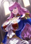  1girl aristocratic_clothes ascot blue_eyes braid breasts crown_braid drill_hair ema_(emaura) epaulettes formal frilled_sleeves frills gloves huge_breasts impossible_clothes indoors lips long_hair manon_legrand official_alternate_costume official_alternate_hairstyle pink_hair smile solo street_fighter street_fighter_6 upper_body white_ascot white_gloves 