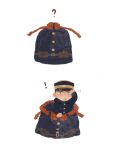  ! 1boy ? bag black_hair blue_bag blue_headwear blue_jacket chengongzi123 closed_mouth deformed facial_hair goatee golden_kamuy green_eyes hat highres hood hooded_jacket jacket long_sleeves looking_at_viewer male_focus military_hat military_uniform mini_person miniboy short_hair simple_background tsukishima_hajime uniform upper_body very_short_hair white_background 