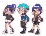  3boys aqua_hair black_bow black_footwear black_hairband black_shorts blue_eyes blue_hair blue_jacket blue_trim bow bow_hairband closed_mouth commentary_request dandang_s_p dolphin_shorts eyebrow_cut full_body glasses gradient_hair green_hair hair_bow hairband hand_on_own_hip highres inkling inkling_boy inkling_player_character jacket korean_commentary looking_at_viewer male_focus medium_hair multicolored_hair multiple_boys octoling octoling_boy octoling_player_character pointy_ears red_eyes salute shoes short_shorts shorts simple_background smile splatoon_(series) standing tentacle_hair thick_eyebrows two-tone_hair white-framed_eyewear white_background 