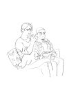  2boys arm_around_shoulder character_print chengongzi123 closed_mouth couple crossed_legs eating facial_hair feet_out_of_frame food goatee_stubble golden_kamuy hand_up highres holding holding_food invisible_chair koito_otonoshin lineart looking_to_the_side male_focus multiple_boys open_mouth pillow plaid popcorn short_hair simple_background sitting stubble stuffed_animal stuffed_seal stuffed_toy tsukishima_hajime tsurumi_tokushirou very_short_hair white_background yaoi 