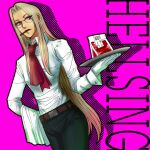  1girl ascot blood blood_bag blue_eyes breasts butler cigar copyright_name cowboy_shot dutch_angle glasses gloves hellsing highres holding holding_towel holding_tray integra_hellsing light_brown_hair long_hair red_ascot small_breasts smoking solo toshimichi_yukari towel tray very_long_hair white_gloves 