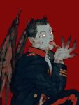 1boy black_hair black_horns black_jacket black_pants black_wings blood blood_on_clothes blood_on_face blood_on_hands chengongzi123 claws collared_jacket colored_extremities colored_skin demon_boy demon_horns demon_wings english_commentary fangs fangs_out golden_kamuy grey_skin halloween hand_up highres horns jacket licking licking_finger long_sleeves long_tongue looking_at_viewer male_focus military_uniform pants pointy_ears red_background red_eyes short_hair simple_background small_horns tongue tongue_out uniform upper_body usami_tokishige very_short_hair wings 