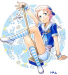  1boy artist_name ascot bird blue_eyes broom charm_(object) crossed_legs diagonal-striped_legwear hakka2018 idolmaster idolmaster_side-m kabuto_daigo male_focus official_alternate_costume pink_hair sailor_collar sailor_shirt seagull shirt shoes shorts socks solo white_footwear wrist_cuffs 