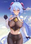  1girl ahoge azto_dio bare_shoulders bell black_gloves black_legwear blue_hair blue_sky breasts cloud covered_nipples cowbell day detached_sleeves ganyu_(genshin_impact) genshin_impact gloves goat_horns hair_between_eyes highres horns large_breasts long_hair looking_at_viewer midriff navel pantyhose patreon_username red_eyes see-through sky solo 