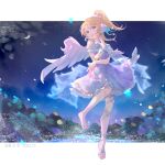  1girl angel_wings ayase_eli barefoot blonde_hair blue_eyes commentary dated dress feathered_wings frilled_dress frills harukawa_mei_(pixiv82580332) highres leg_ribbon long_hair looking_at_viewer love_live! love_live!_school_idol_project open_mouth ponytail purple_dress ribbon short_dress sideways_glance sleeveless sleeveless_dress smile solo white_wings wings 