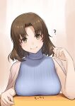  ? alternate_costume breasts brown_eyes brown_hair chiyoda_(kantai_collection) facing_viewer kantai_collection large_breasts looking_to_the_side medium_hair nikuoji simple_background smile turtleneck 