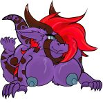 5_fingers 5_toes blue_eyes breasts dragon feet female fingers fur furred_dragon hair hi_res horn lying mae_(pineapplemae) mythological_creature mythological_scalie mythology nipples non-mammal_breasts on_front pineapplemae_(artist) purple_body red_hair scalie solo tail toes