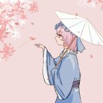  1girl blue_headwear blue_kimono from_side highres holding holding_umbrella japanese_clothes kimono long_sleeves oil-paper_umbrella pink_background pink_hair saigyouji_yuyuko sash short_hair simple_background solo synokp touhou umbrella upper_body white_umbrella wide_sleeves 