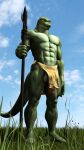 3d_(artwork) abs absurd_res anthro bald balls barefoot biceps big_balls big_penis bottomwear clothed clothing cloud darwinthejockey detailed_background digital_media_(artwork) embarrassed feet flaccid genitals grass grass_field grassland green_body green_eyes green_scales green_skin green_tail hi_res holding_object holding_weapon ineffective_bottomwear ineffective_clothing ineffective_loincloth light lizard lizard_(petruz) loincloth loincloth_only looking_away male melee_weapon mostly_nude mostly_nude_male muscular muscular_arms muscular_legs muscular_male muscular_thighs outside pecs penis plant polearm reptile scales scalie sky skyscape solo source_filmmaker spear standing sunlight tail thick_thighs topless weapon