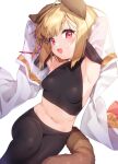  1girl animal_ears armpits arms_behind_head arms_up bangs bare_shoulders blonde_hair blush braid breasts commentary_request crop_top detached_sleeves diagonal_stripes dog_ears dog_girl dog_tail erune eyebrows_visible_through_hair fang granblue_fantasy japanese_clothes looking_at_viewer midriff navel open_mouth pantyhose red_eyes shirt short_hair sitting skin_fang sleeveless small_breasts smile solo striped striped_background sweat sweatdrop tail tousaki_shiina vajra_(granblue_fantasy) wide_sleeves 
