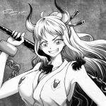  1girl bare_shoulders breasts chain cleavage dated eyelashes greyscale holding holding_sword holding_weapon horns large_breasts long_hair looking_at_viewer monochrome one_piece royboy sideboob signature sleeveless smile solo sword teeth upper_body weapon yamato_(one_piece) 