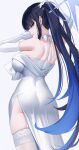  1girl absurdres arm_up ass bare_back bare_shoulders blue_archive blue_eyes blue_hair commentary_request cowboy_shot dress elbow_gloves eternity_(shadeh) garter_straps gloves grey_background highres long_hair looking_at_viewer saori_(blue_archive) saori_(dress)_(blue_archive) sidelocks simple_background solo standing strapless strapless_dress thighhighs thighs very_long_hair white_dress white_gloves white_thighhighs 