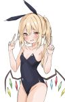  1girl @_@ alternate_costume animal_ears bare_arms bare_shoulders black_leotard blonde_hair blush breasts collarbone commentary cowboy_shot crossed_bangs crystal double_v embarrassed fake_animal_ears fang flandre_scarlet groin hair_between_eyes hands_up highleg highleg_leotard highres leotard long_hair looking_at_viewer nono54558 open_mouth playboy_bunny pointy_ears rabbit_ears red_eyes side_ponytail simple_background skin_fang small_breasts smile solo strapless strapless_leotard touhou tsurime v w_arms white_background wings 