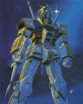  1970s_(style) 1980s_(style) artist_request beam_rifle clenched_hand concept_art energy_gun gundam highres looking_to_the_side machinery mecha mecha_focus milky_way mobile_suit mobile_suit_gundam nebula official_art painting_(medium) production_art retro_artstyle robot rx-78-2 scan science_fiction signature space star_(sky) starry_background traditional_media v-fin weapon 