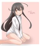  1girl ahoge ame-san bare_legs black_hair dated eyebrows_visible_through_hair hair_between_eyes hatsushimo_(kantai_collection) highres kantai_collection light_blush long_hair long_sleeves looking_at_viewer open_mouth sitting sweater turtleneck turtleneck_sweater twitter_username very_long_hair wariza yellow_eyes 