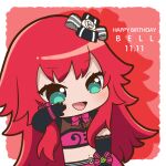  1girl :d black_gloves border character_name chibi chii_(chi_pppuri) commentary_request cowboy_shot crop_top elbow_gloves gloves green_eyes happy_birthday idol_clothes long_hair looking_at_viewer midriff open_mouth outside_border pink_ribbon pink_skirt pretty_rhythm pretty_rhythm_rainbow_live pretty_series red_background red_hair renjouji_beru ribbon skirt smile solo standing very_long_hair white_border 
