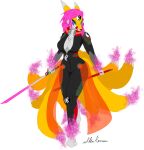  alpha_channel canid canine catsuit_(disambiguation) clothing digimon digimon_(species) fan_character female fox hair katana kyubimon mammal melee_weapon pink_hair renamon sketch sword tight_clothing weapon 