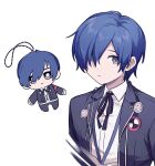  1boy black_jacket black_ribbon blue_eyes blue_hair character_doll closed_mouth collared_shirt gekkoukan_high_school_uniform hair_over_one_eye highres jacket kashima_momoki male_focus neck_ribbon open_clothes open_jacket persona persona_3 ribbon school_uniform shirt simple_background stuffed_toy upper_body white_background white_shirt yuuki_makoto_(persona_3) 