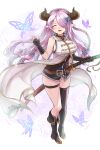  1girl bare_legs belt blush boots braid breasts bug butterfly closed_eyes draph dress ekra eyebrows_hidden_by_hair granblue_fantasy hair_ornament highres holding holding_weapon horns katana large_breasts light_particles long_hair narmaya_(granblue_fantasy) necktie open_mouth palm-fist_greeting pointy_ears purple_hair simple_background smile solo sword weapon white_background white_dress 