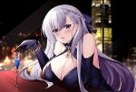  1girl alcohol azur_lane bare_shoulders belfast_(azur_lane) belfast_(the_noble_attendant)_(azur_lane) braid breast_rest breasts champagne champagne_flute cityscape cleavage criss-cross_halter cup dress drinking_glass elbow_gloves eyebrows_visible_through_hair french_braid gloves hair_ribbon halter_dress halterneck highres indoors large_breasts light_purple_hair long_hair looking_at_viewer night official_alternate_costume purple_gloves purple_ribbon ribbon sleeveless sleeveless_dress solo yan_lie 