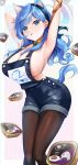  1girl :p absurdres ako_(blue_archive) animal_ears arm_behind_head arm_up armpits azul_(hhez3423) blue_archive blue_eyes blue_hair blue_overalls breasts brown_pantyhose cat_ears cat_girl cat_tail cleavage commentary_request doodle_sensei_(blue_archive) halo highres hina_(blue_archive) kemonomimi_mode large_breasts looking_at_viewer medium_hair multicolored_halo overalls pantyhose sensei_(blue_archive) standing tail tongue tongue_out yellow_collar 
