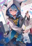  1girl absurdres animal_hood artist_name black_choker blue_eyes blue_hair bow bowtie brooch cat_hood choker commentary cowboy_shot dutch_angle electric_guitar guitar highres holding holding_instrument hololive hood hood_up hooded_jacket hoshimachi_suisei hoshimachi_suisei_(school_uniform) indoors instrument jacket jewelry long_sleeves official_alternate_costume open_mouth pota_ken puffy_long_sleeves puffy_sleeves sidelocks smile solo standing star_(symbol) star_brooch star_in_eye symbol_in_eye virtual_youtuber watermark white_jacket yellow_bow yellow_bowtie 