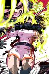  1girl black_mask blood blood_splatter boku_no_hero_academia breasts burnin_(boku_no_hero_academia) burning clenched_teeth domino_mask eye_mask fiery_hair fire glowing glowing_hair green_fire green_hair highres incoming_attack incoming_punch kingbawoon large_breasts mask multiple_views punching red_background teeth thighhighs thighs 