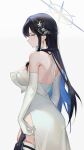  1girl blue_archive blue_halo choker colored_inner_hair dress elbow_gloves gloves halo highres knife_sheath multicolored_hair o0oherb official_alternate_costume saori_(blue_archive) saori_(dress)_(blue_archive) sheath simple_background solo strapless strapless_dress thigh_sheath white_background white_choker white_dress white_gloves 