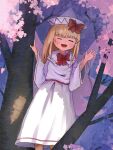  1girl blonde_hair bow bowtie capelet cherry_blossoms closed_eyes dress fairy fairy_wings hat hat_bow lily_white long_hair long_sleeves open_mouth red_bow red_bowtie smile solo standing_on_branch touhou waving white_capelet white_dress white_headwear wide_sleeves wings yoirone 