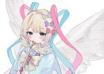  1girl blonde_hair blue_bow blue_eyes blue_hair blue_shirt blush bow chouzetsusaikawa_tenshi-chan closed_mouth feathered_wings hair_bow hair_ornament heart heart_hair_ornament holding holding_wand kabe_(zp66104) long_hair long_sleeves looking_at_viewer multicolored_hair needy_girl_overdose pink_bow pink_hair purple_bow quad_tails shirt simple_background solo upper_body wand white_background white_wings wings yellow_bow 