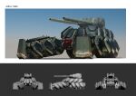  3d absurdres caterpillar_tracks glowing greyscale ground_vehicle highres kadej military military_vehicle monochrome motor_vehicle multiple_views no_humans original science_fiction tank turret vehicle_focus 