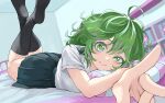  1girl absurdres bed bedroom black_socks boku_no_hero_academia closed_mouth feet_up fengling_(furin-jp) green_eyes green_hair green_skirt hagakure_tooru hair_between_eyes head_on_pillow highres looking_at_viewer lying messy_hair multicolored_hair on_bed on_stomach pillow pink_hair pleated_skirt pointing school_uniform shirt short_sleeves skirt socks solo thick_eyelashes u.a._school_uniform unusually_visible white_shirt yellow_pupils zettai_ryouiki 