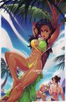  3girls abs armpits arms_behind_head beach between_breasts bikini bird black_hair blonde_hair blue_bikini blue_sky braid breasts brown_eyes cammy_white chun-li cloud coconut_cup dark-skinned_female dark_skin day drinking english_text green_bikini helixel highres large_breasts laura_matsuda lips long_hair looking_at_viewer multiple_girls ocean outdoors palm_tree seagull sky solo_focus street_fighter street_fighter_v swimsuit tree twin_braids two-tone_bikini water yellow_bikini 