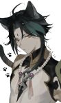  1boy absurdres ahoge animal_ears armor black_hair cat_boy cat_ears cat_tail closed_mouth dated facial_mark forehead_mark genshin_impact green_hair highres jewelry multicolored_hair necklace pauldrons paw_print pearl_necklace shirt short_hair shoulder_armor simple_background single_bare_shoulder single_pauldron sleeveless sleeveless_shirt tail upper_body white_background white_shirt xiao_(genshin_impact) yellow_eyes zuu_(kyuudo9) 