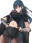  1girl black_shorts blue_eyes blue_hair breasts brown_pantyhose byleth_(female)_(fire_emblem) byleth_(fire_emblem) clothing_cutout commentary_request cowboy_shot fire_emblem fire_emblem:_three_houses hands_on_own_hips highres large_breasts long_hair looking_at_viewer navel pantyhose sail_(sail-away) short_shorts shorts solo standing stomach stomach_cutout 